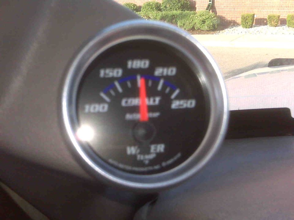 close-up of a Cobalt water temp gauge, needle points to 180 degrees