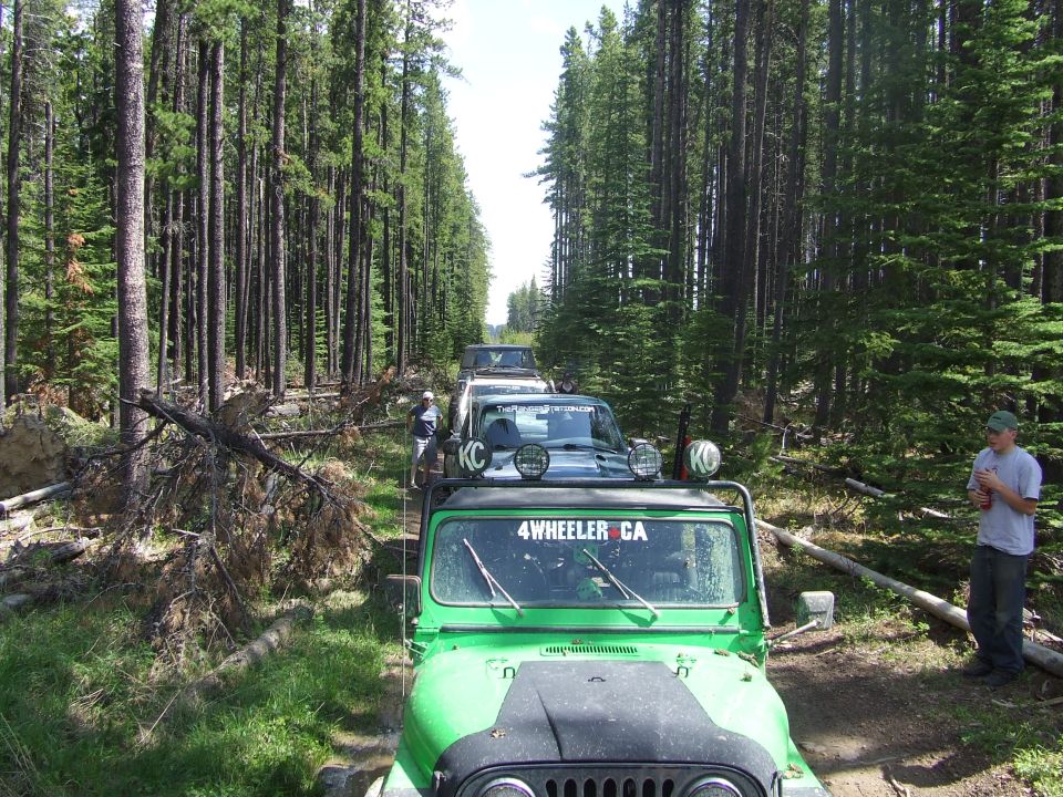 Green Jeep on forest trail with other vehicles behind it. "4WHEELER CA" sticker on windshield