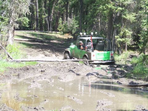 1990 Ford Bronco - A driver navigates a green off-road vehicle through a challenging muddy terrain surrounded by trees.