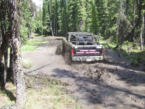 1990 Ford Bronco - A modified pickup truck navigates a muddy trail through a forest.