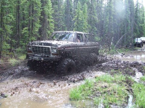 1990 Ford Bronco - A Ford Bronco is stuck in the mud while off-roading in a wooded area.