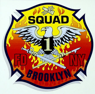 1990 Ford Bronco - FDNY Squad 1 Brooklyn patch features an eagle and crossed swords.
