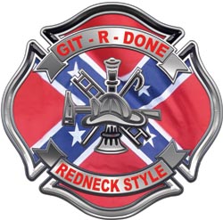 1990 Ford Bronco - This emblem features a Confederate flag design with firefighter tools and the phrase 'Git-R-Done'.