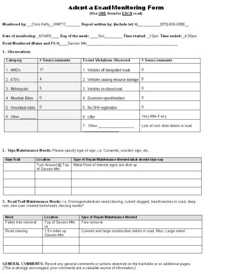 1978 Ford Bronco - This document is a form for reporting road monitoring observations and maintenance needs.