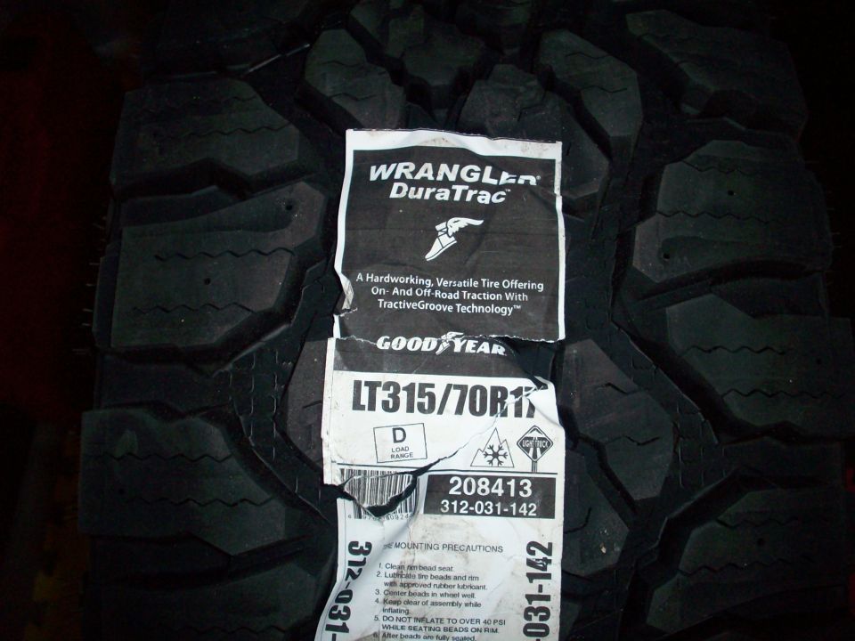 Goodyear Wrangler DuraTrac LT315/70R17 tire with mounting precautions