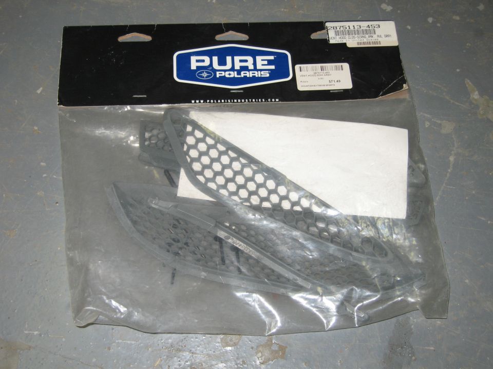 Sealed Pure Polaris package containing gray honeycomb hood vent grilles, part 2875113-453, priced $71.49