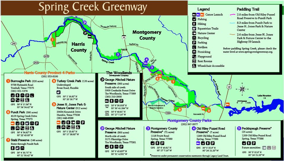 Map of Spring Creek Greenway showing parks and paddling trails