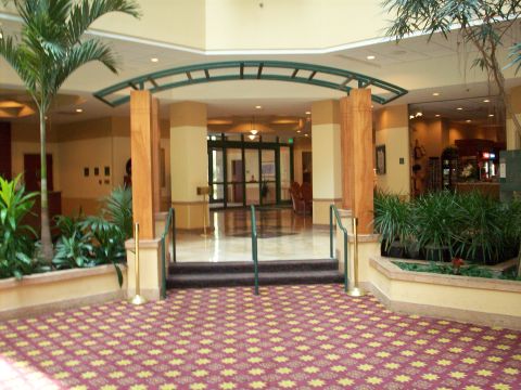 1985 Ford Bronco - Interior view of a hotel lobby a patterned carpet, potted plants, and an archway leading to the entrance.