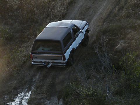 1982 Ford Bronco - This SUV navigates a challenging off-road terrain with muddy tracks.