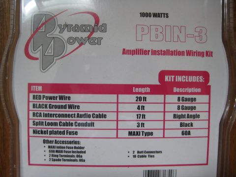 1993 Ford Probe - Pyramid Power PBIN-3 1000-watt amplifier wiring kit label: 20 ft 8-ga red power wire, 4 ft 8-ga black ground, 17 ft RCA, 3 ft split loom, 6…
