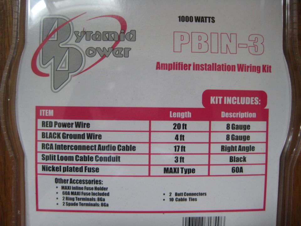 Pyramid Power PBIN-3 1000W 8-gauge amplifier installation wiring kit contents label