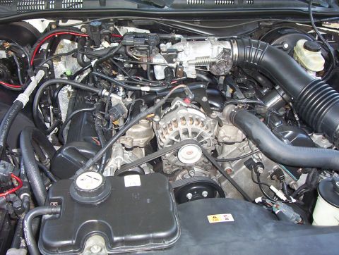 2003 Ford Crown Victoria - Engine bay of a 2003 Ford Crown Victoria, showing various components and wiring.
