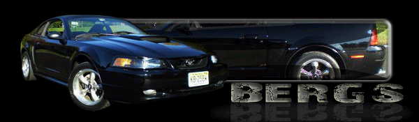 Black Ford Mustang with a license plate and chrome wheels, viewed from the front three-quarter angle
