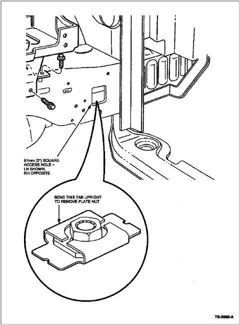 1997 Ford Taurus - Service illustration showing a 51mm square access hole and bending the tab upright to remove the plate nut.