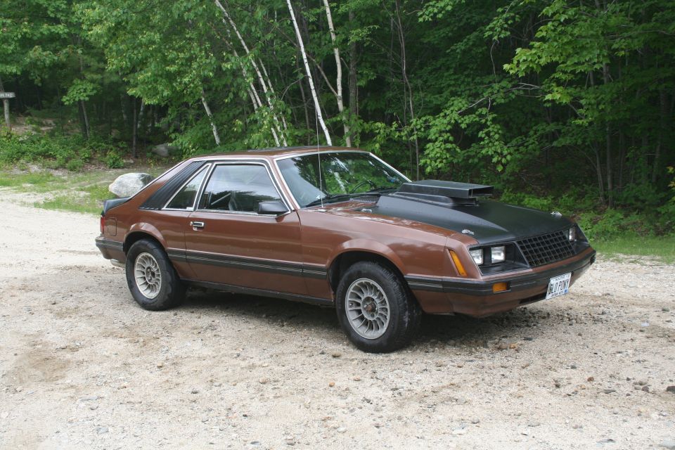 Brown Ford Mustang with a black hood scoop parked on a dirt road