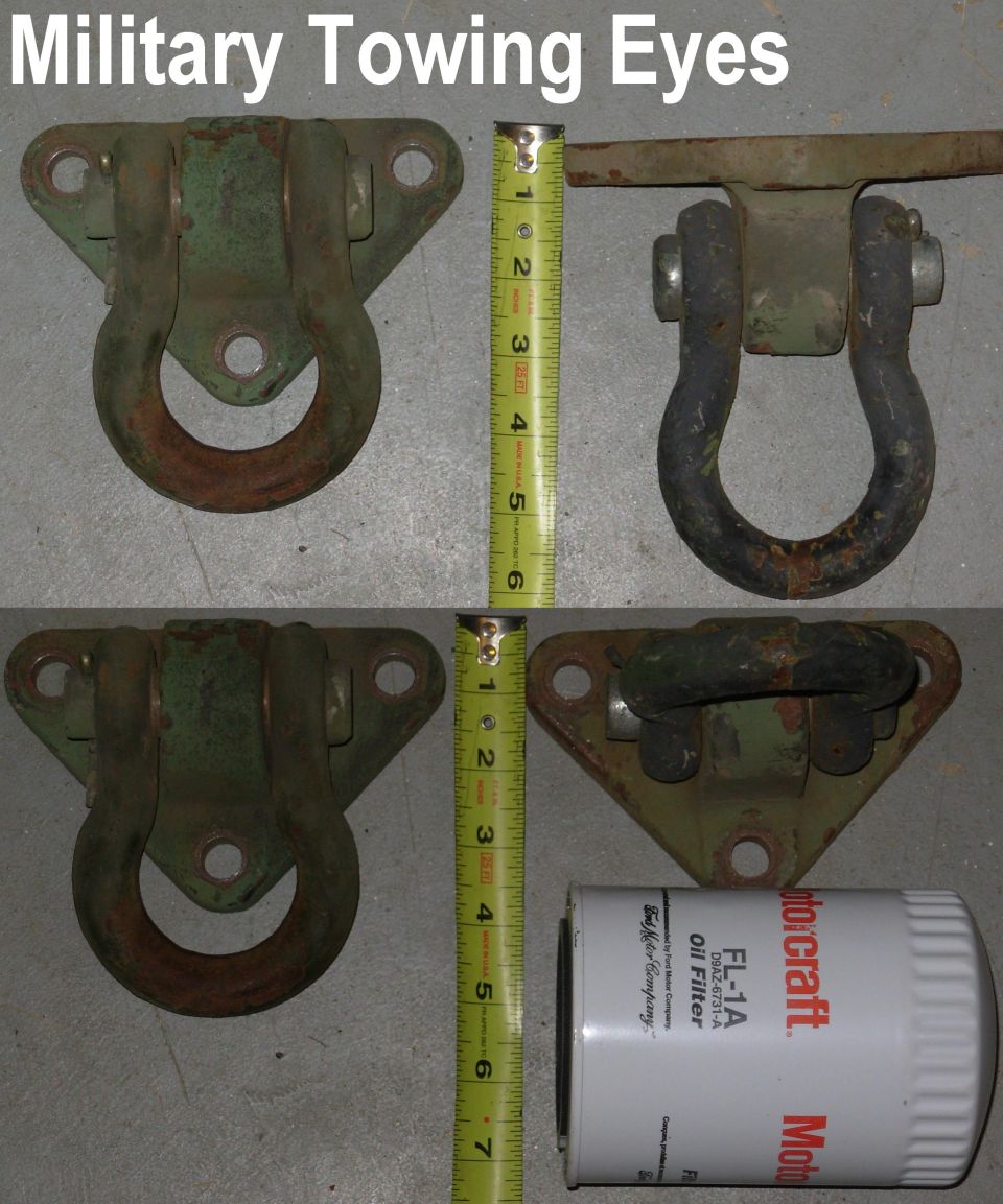 Military Towing Eyes (cast iron)

Each pair includes 6 NEW Grade 8 bolts, nuts, & flat washers.

Actual weight: 12 lbs/pr