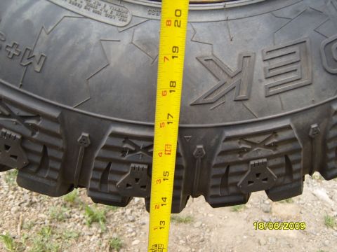 1989 Ford Bronco - A yellow tape measure is used to measure the tread depth of a tire, showing markings on the tire sidewall.