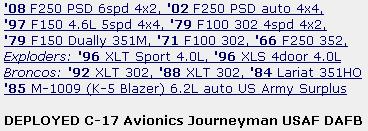 2002 Ford F-250 - A document displays a list of various Ford truck and SUV models with their respective years and specifications.