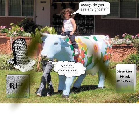 1990 Ford Bronco - A child sits atop a colorful cow statue, while a person stands nearby and speech bubbles add a humorous, spooky touch to the scene.