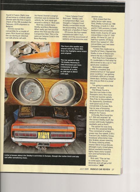1968 Shelby GT500 - Interior and rear view of an orange 1970 Shelby Mustang, showing gauges and license plate.