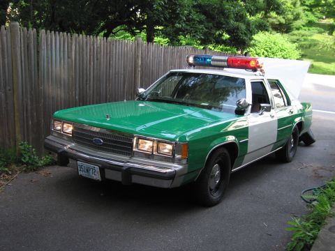 1991 Ford LTD Crown Victoria - green-and-white Ford police sedan with roof light bar parked in a driveway beside a wooden fence.