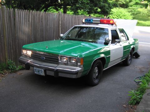 1991 Ford LTD Crown Victoria - green-and-white Ford police sedan with red-and-blue roof lights parked in a driveway by a wooden fence.