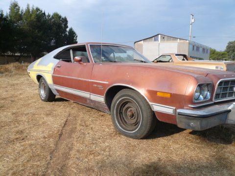 1975 Ford Ranchero - A brown Ford Ranchero sits in a dry, grassy lot with another vehicle visible behind it.