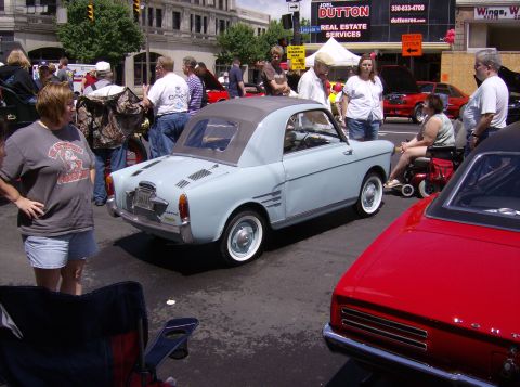 1970 Ford Ranchero - A light blue convertible is parked on a street with people around it.