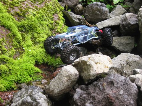 2010 Ford Pickup - A clear-bodied remote control rock crawler navigates a rocky, moss-covered terrain.