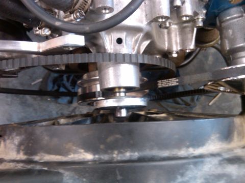 1978 Ford Mustang II - A close-up view of the engine's belt and pulley system, showing the drive belts and their arrangement.