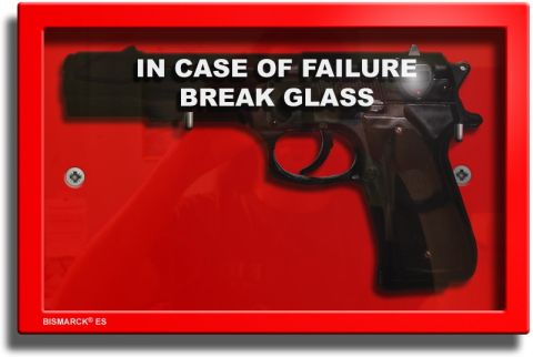 1979 Ford F-150 - A handgun is displayed inside a red emergency case, with text instructing to break glass in case of failure.