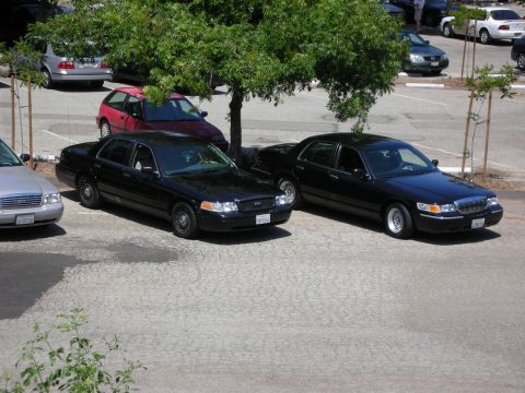 1992 Ford Crown Victoria - Two black sedans are parked in a lot, one is a 2003 Ford Crown Victoria.