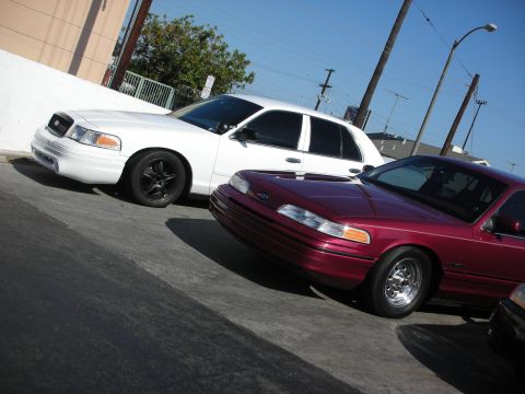 1992 Ford Crown Victoria - Two Ford Crown Victorias, one maroon and one white, are parked side-by-side on a sunny day.
