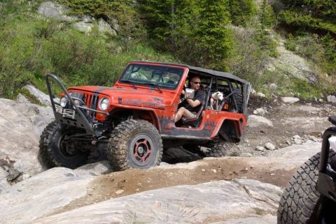 1993 Ford Bronco - A red Jeep Wrangler drives over rocks on a trail, with a man and a dog inside.
