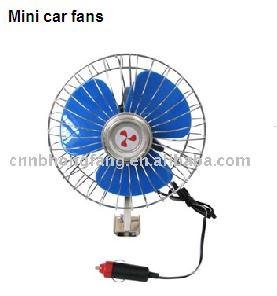 1989 Ford Bronco - Product photo of a mini 12-volt automotive cabin fan with blue plastic blades, a chrome wire cage and a swivel mount, wired to a red cigare…