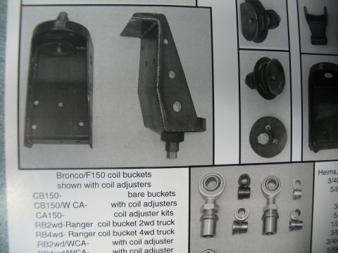 1984 Ford Bronco - This image displays various automotive suspension parts, including coil buckets and adjusters, with accompanying product codes and applicat…