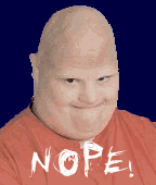 1990 Ford Bronco - A man wearing a red shirt with the word "NOPE!" printed on it against a blue background.
