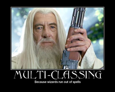 1990 Ford Bronco - Gandalf is depicted holding a rifle, with the caption 'MULTI-CLASSING' and 'Because wizards run out of spells'.