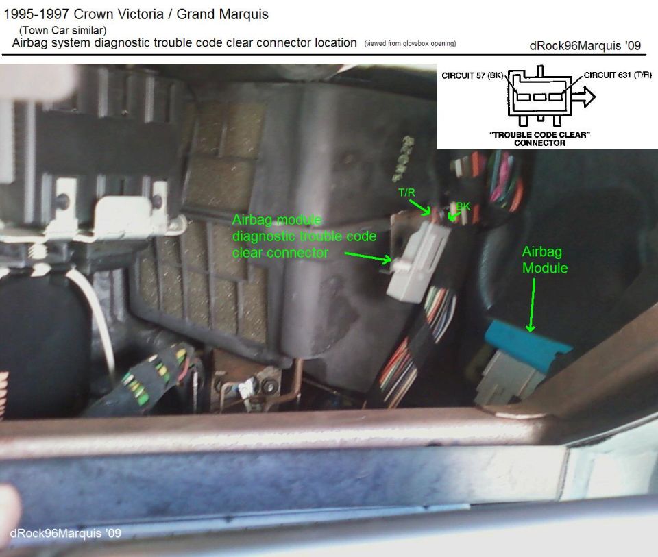 Diagram of 1995-1997 Crown Victoria Grand Marquis airbag diagnostic code clear connector location