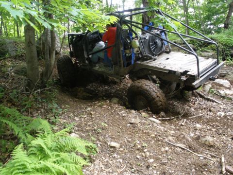 1995 Ford Bronco - This heavily modified off-road vehicle, a prominent roll cage, appears stuck in a muddy, wooded terrain.
