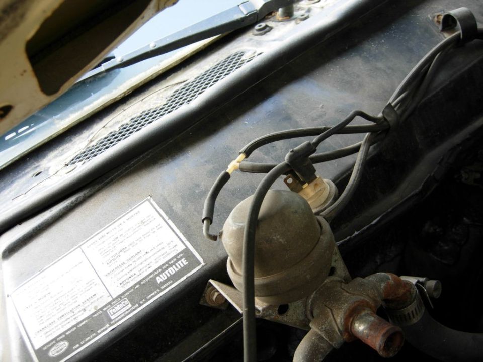 Engine bay detail with dome canister, hoses, and FoMoCo Autolite service decal