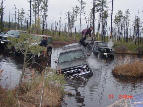 2005 Ford Excursion - Multiple off-road vehicles are stuck in shallow water during an outing.