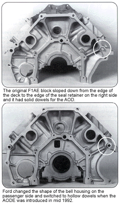 1992 Ford Crown Victoria - Reference page with photos comparing the bell housing shape and dowels of AOD versus AODE engine blocks.