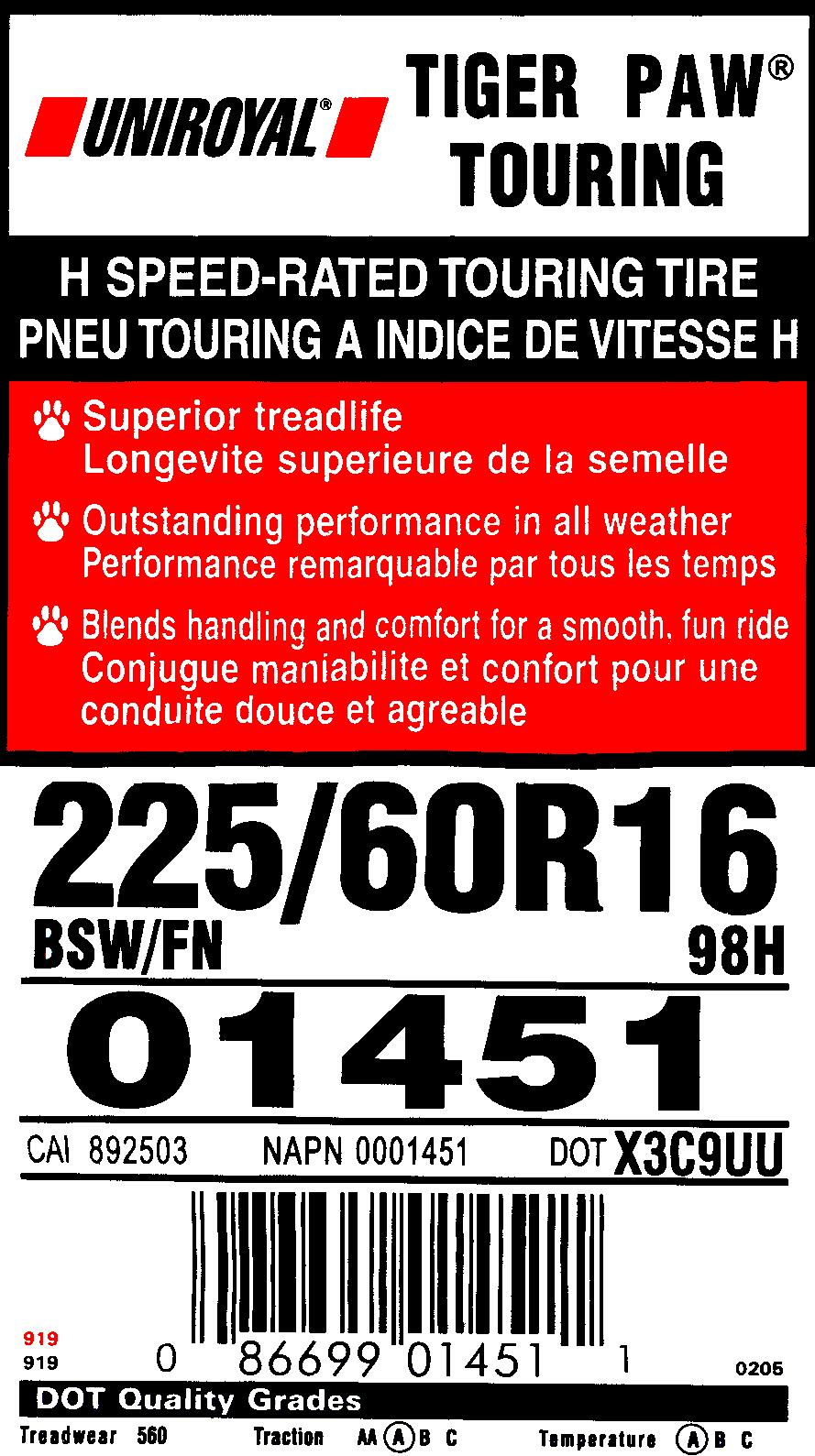 Uniroyal Tiger Paw Touring tire spec label, 225/60R16 98H