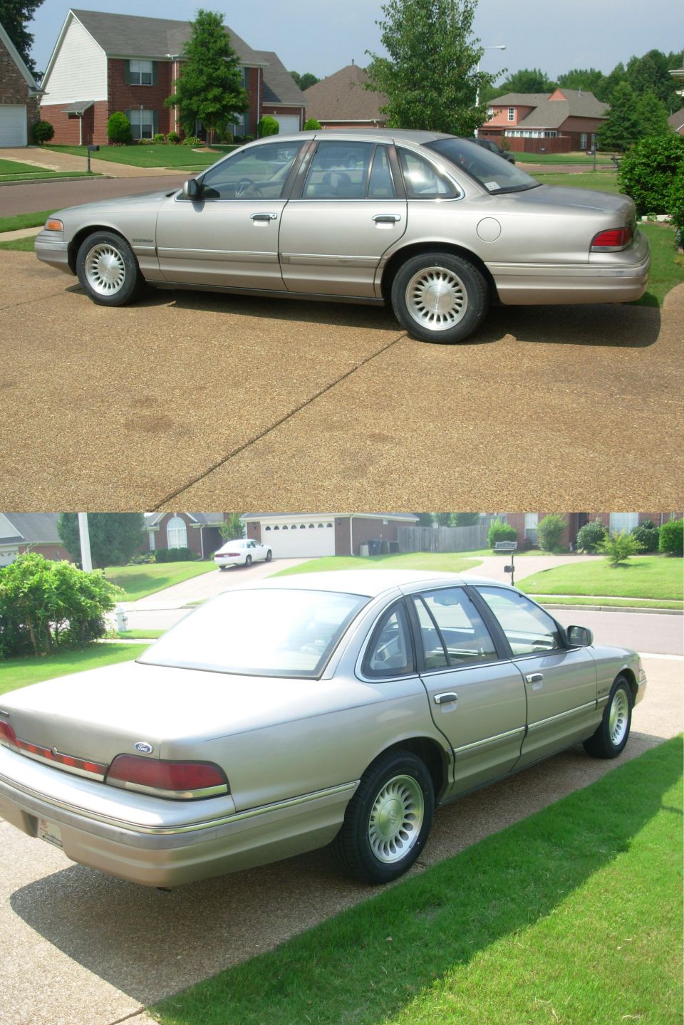 Tan Ford Crown Victoria sedan shown from front and rear in a driveway