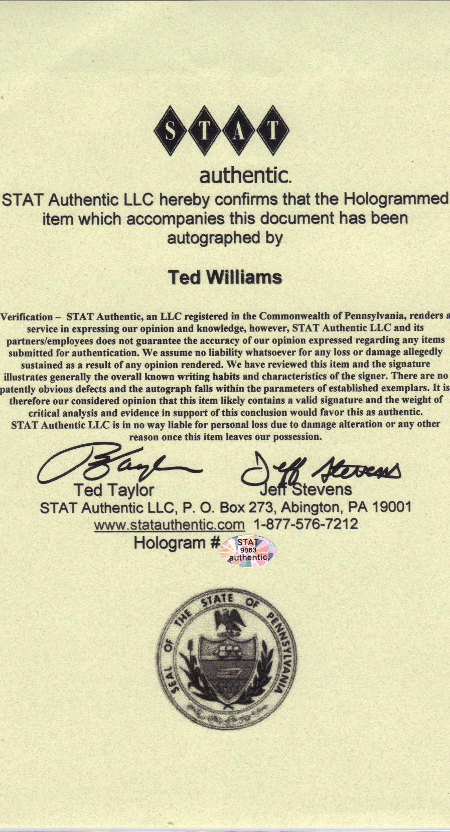 STAT Authentic LLC document confirming hologrammed item autographed by Ted Williams, with signatures of Ted Taylor and Jeff Stevens