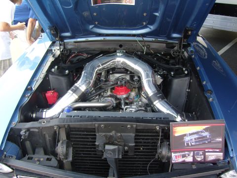 2007 Ford Mustang - Customized engine bay of a blue Mustang, prominent chrome intake piping and a red distributor cap.