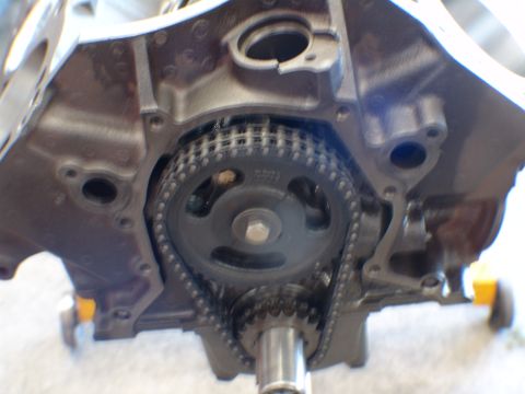 1996 Ford Bronco - Close-up view of an engine block showing the timing chain and gears.