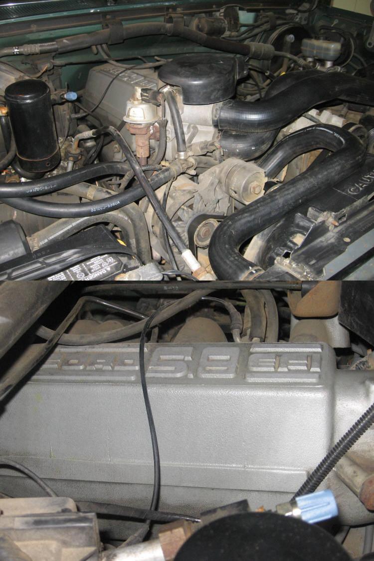 Engine bay of a 1989 Ford Bronco with close-up of Ford 5.8 EFI valve cover lettering
