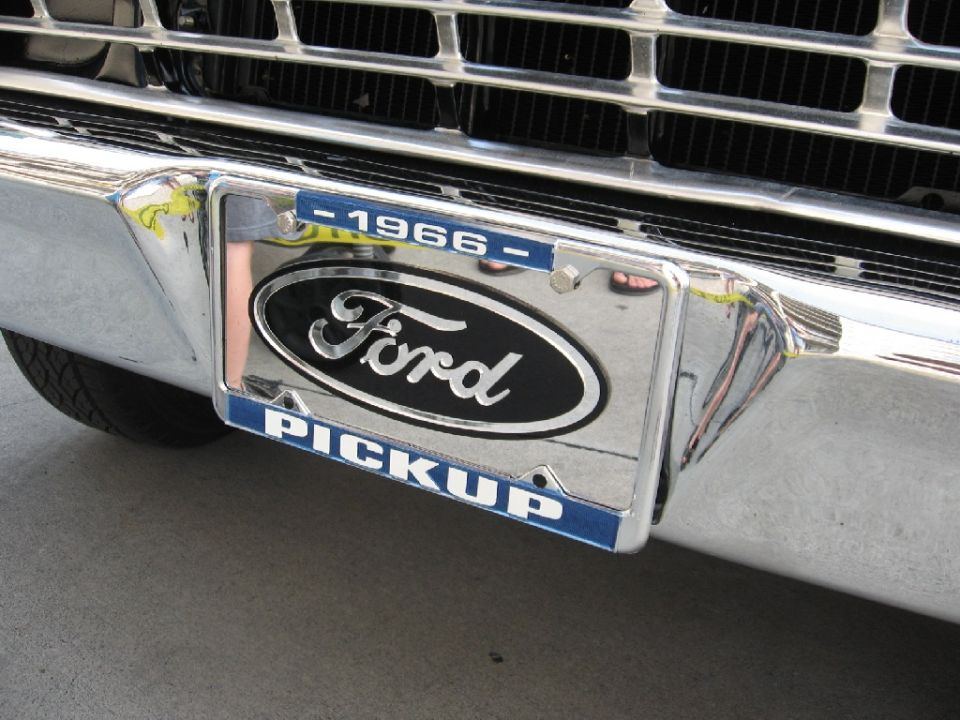 Chrome bumper with 1966 Ford pickup plate frame. Grille above
